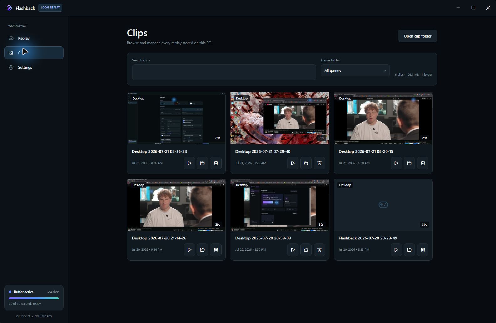 Flashback Clips library with organized desktop recordings, video previews, and clip actions
