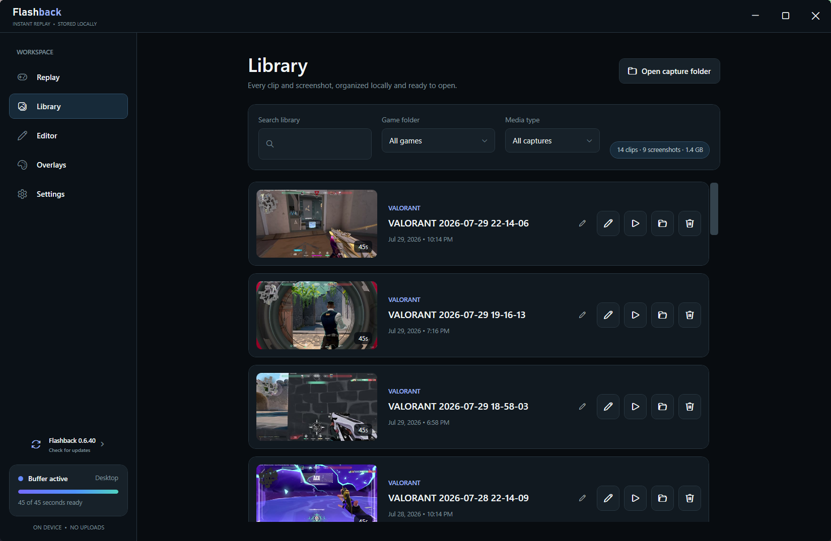 Flashback Clips library with organized VALORANT recordings, video previews, and clip actions