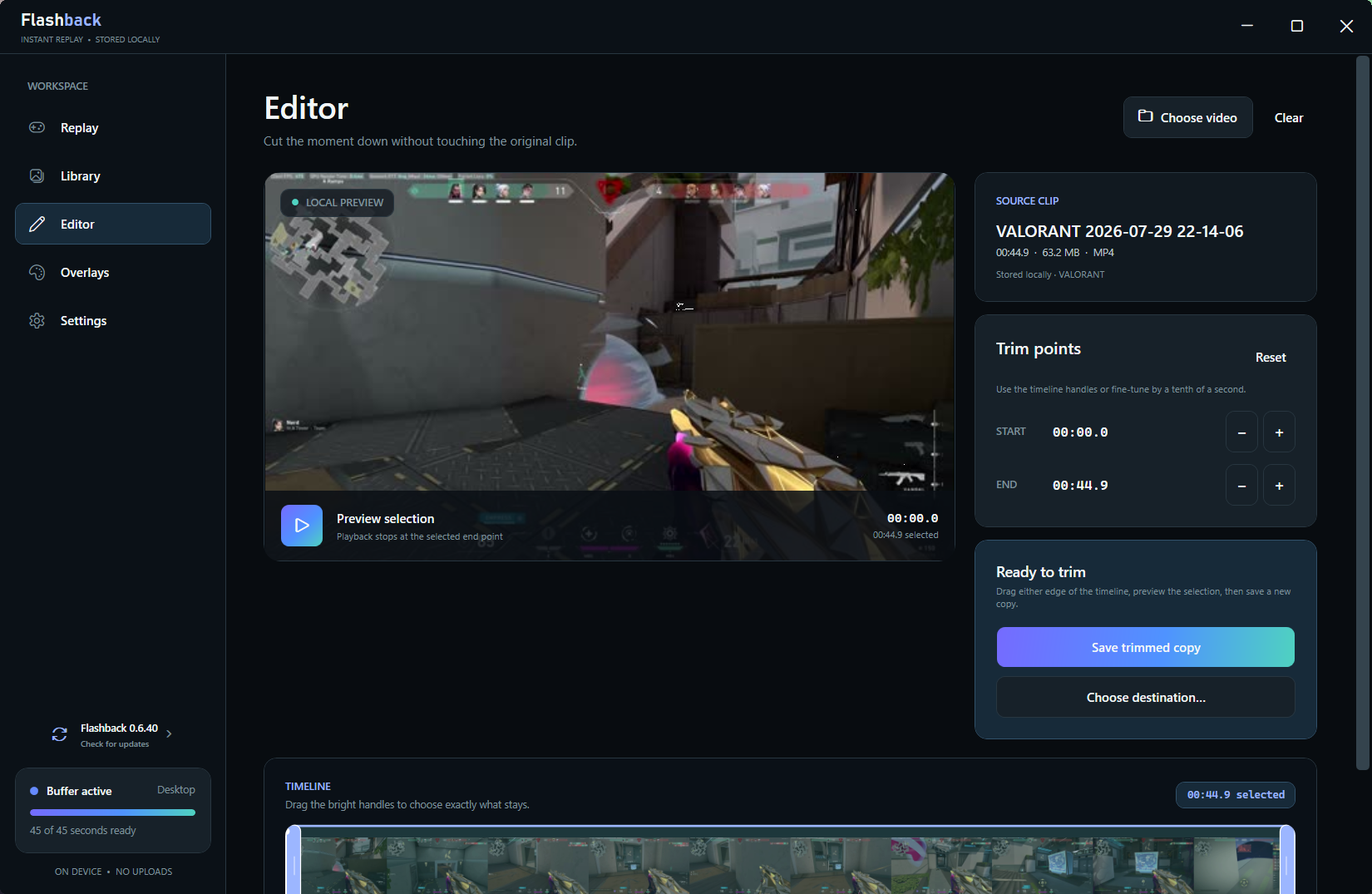 Flashback local clip editor showing a gameplay preview, storyboard timeline, and trim controls