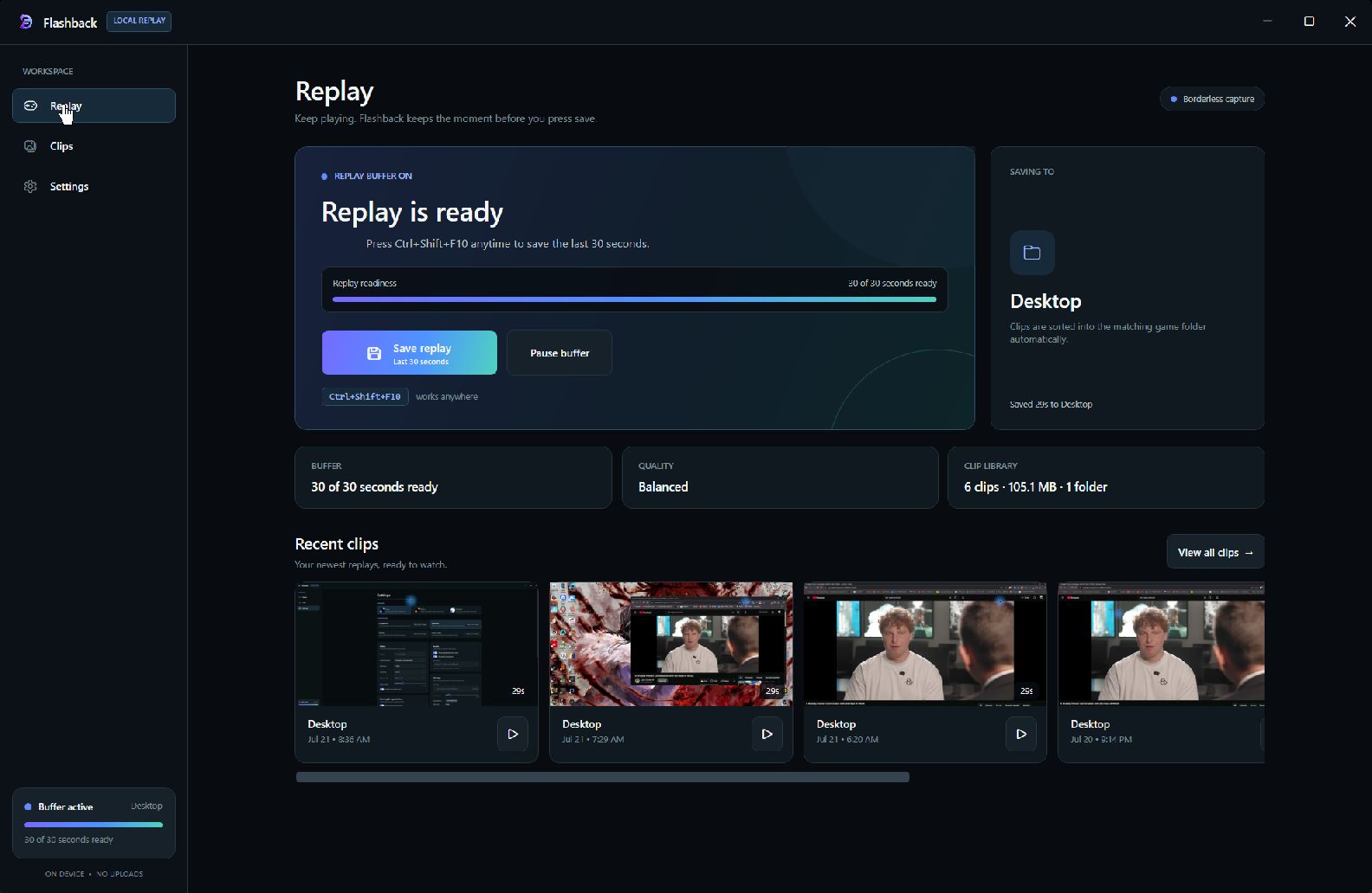 Flashback Replay dashboard showing a full 30-second replay buffer and recent clips