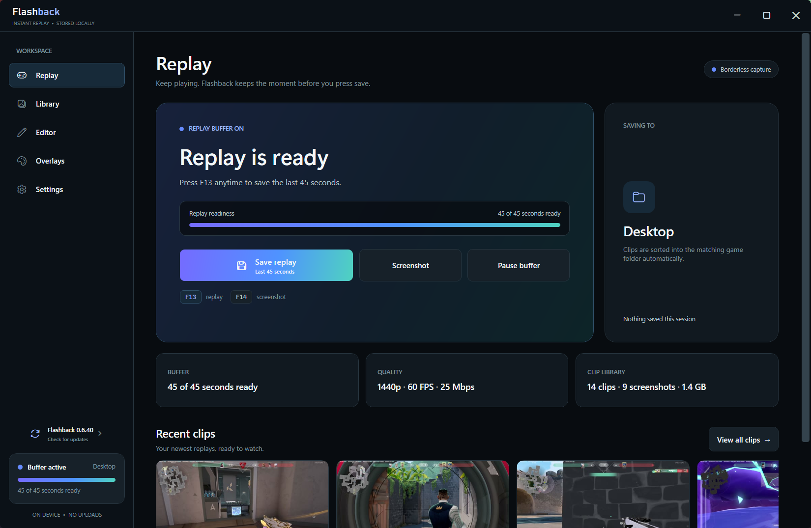 Flashback Replay dashboard showing a full 45-second replay buffer and recent game clips
