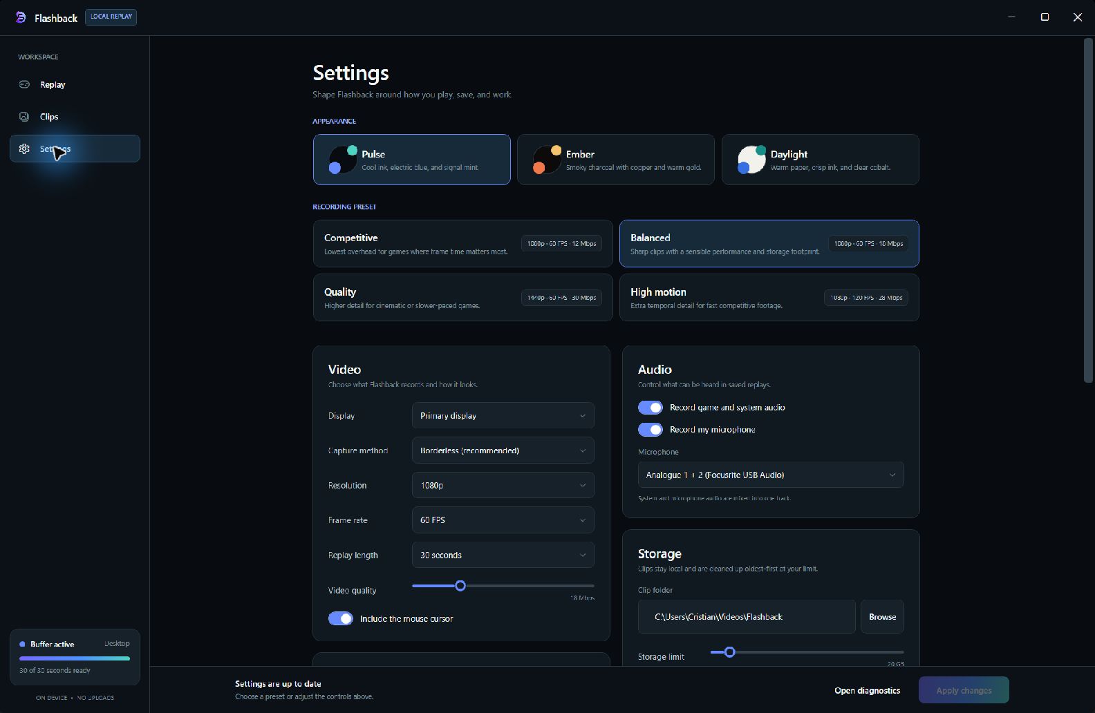 Flashback settings and recording presets