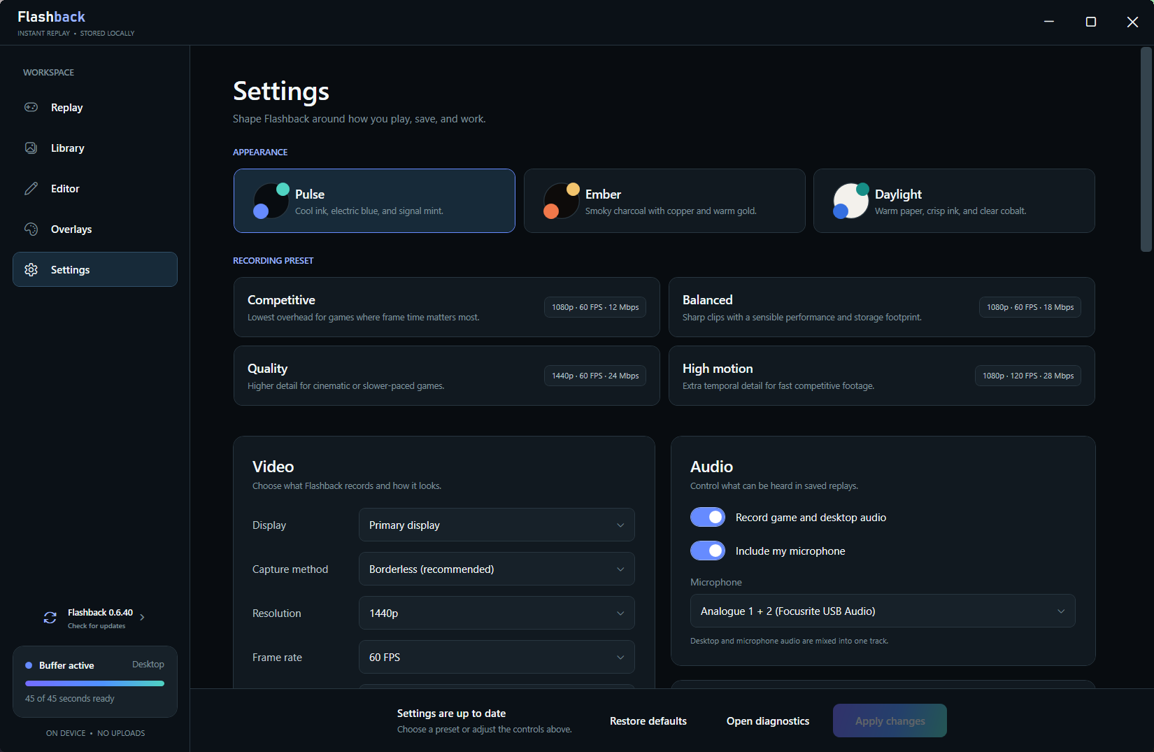 Flashback video, naming, audio, and local voice-control settings